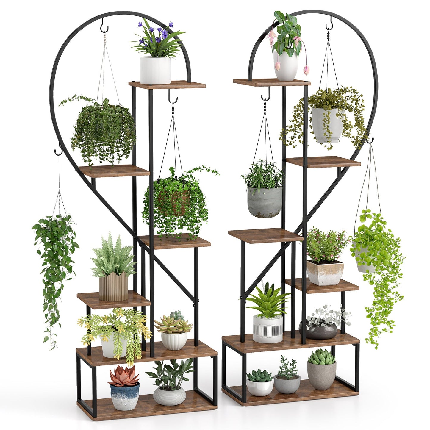 6-Tier Metal Plant Stand Heart-Shape Ladder Plant Shelves -Rustic Brown