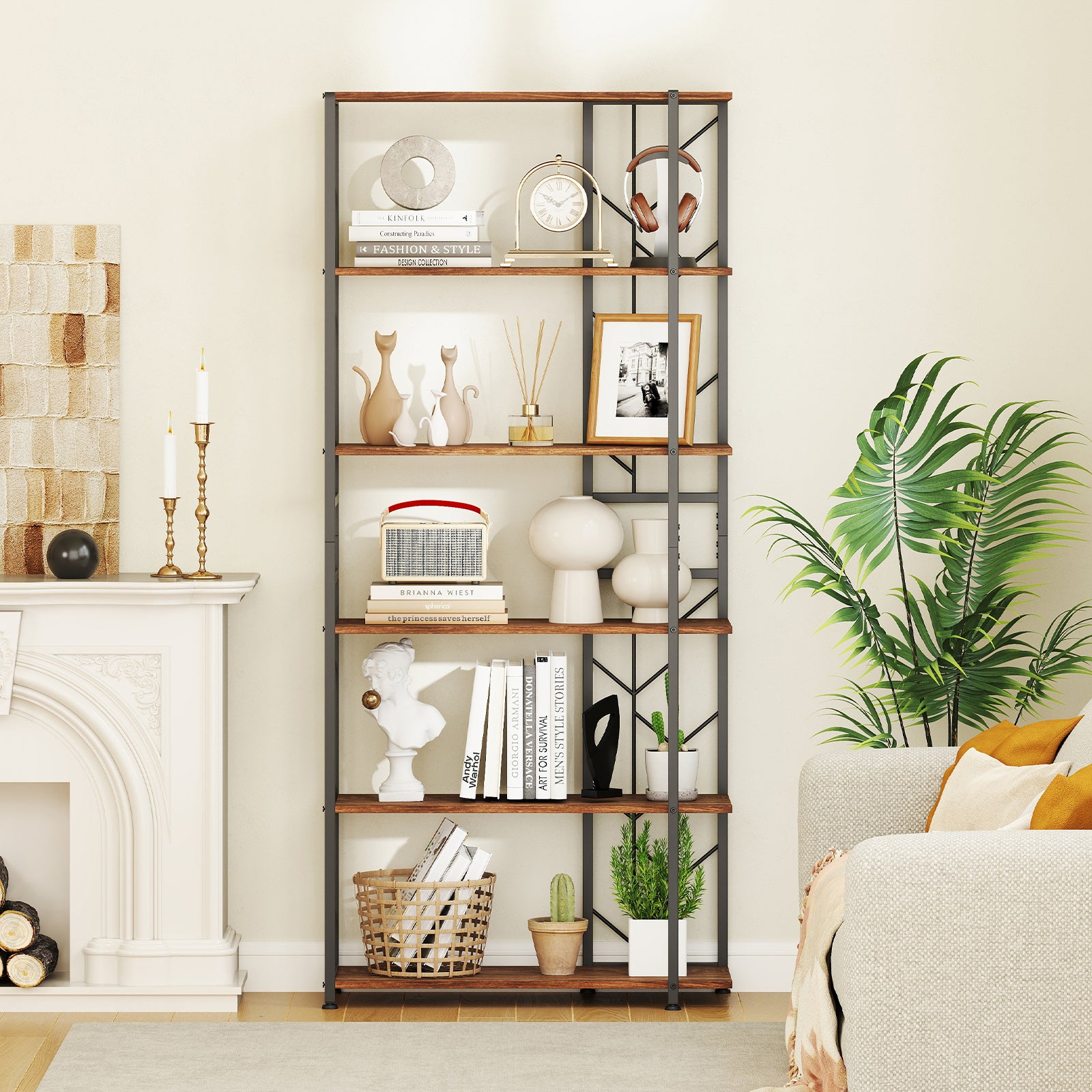 6-Tier Modern Geometric Bookcase with Heavy-duty Metal Frame for Study-Rustic Brown