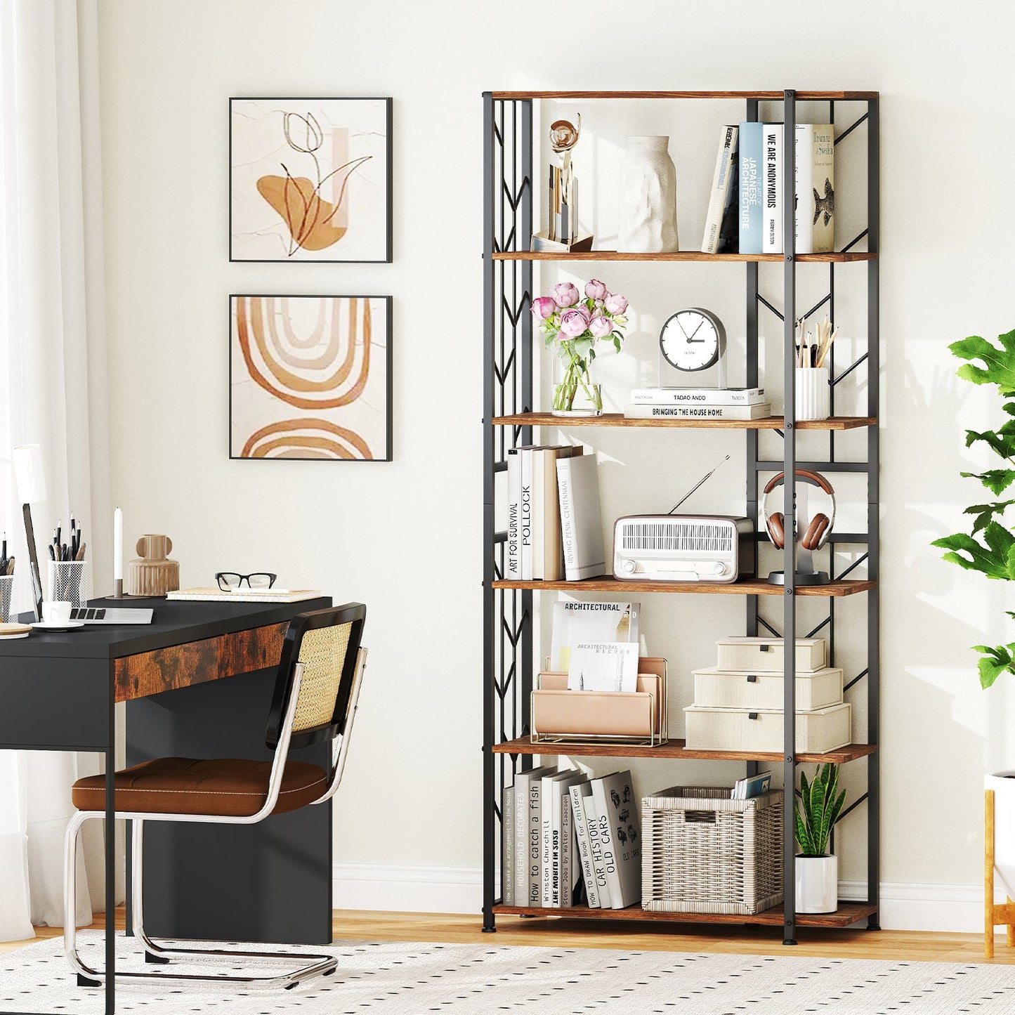 6-Tier Modern Geometric Bookcase with Heavy-duty Metal Frame for Study-Rustic Brown