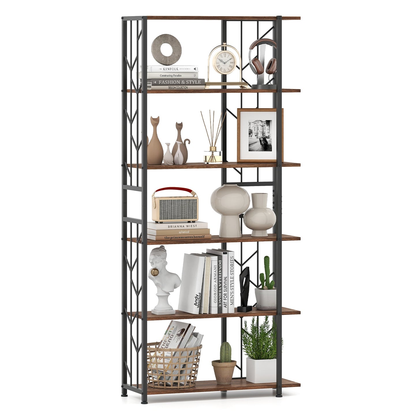 6-Tier Modern Geometric Bookcase with Heavy-duty Metal Frame for Study-Rustic Brown