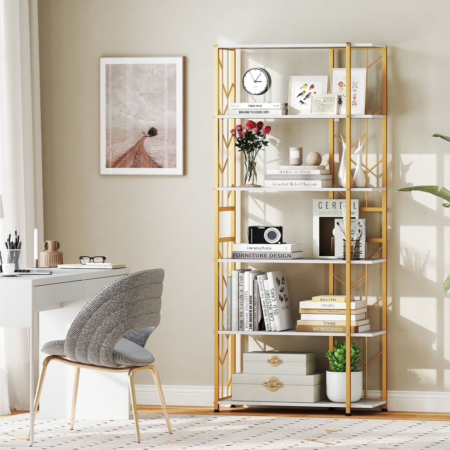 6-Tier Modern Geometric Bookcase with Heavy-duty Metal Frame for Study-White