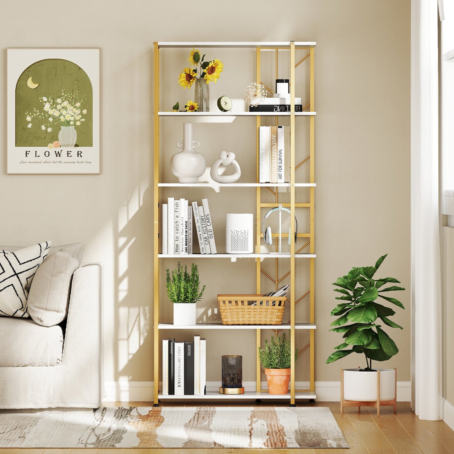 6-Tier Modern Geometric Bookcase with Heavy-duty Metal Frame for Study-White