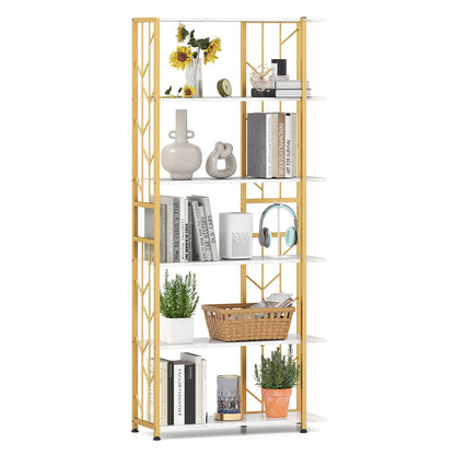 6-Tier Modern Geometric Bookcase with Heavy-duty Metal Frame for Study-White