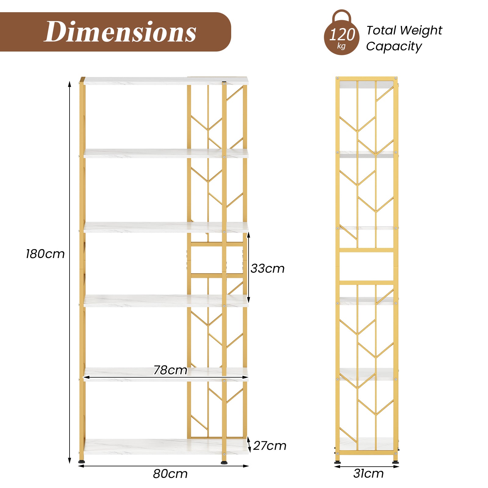 6-Tier Modern Geometric Bookcase with Heavy-duty Metal Frame for Study-White