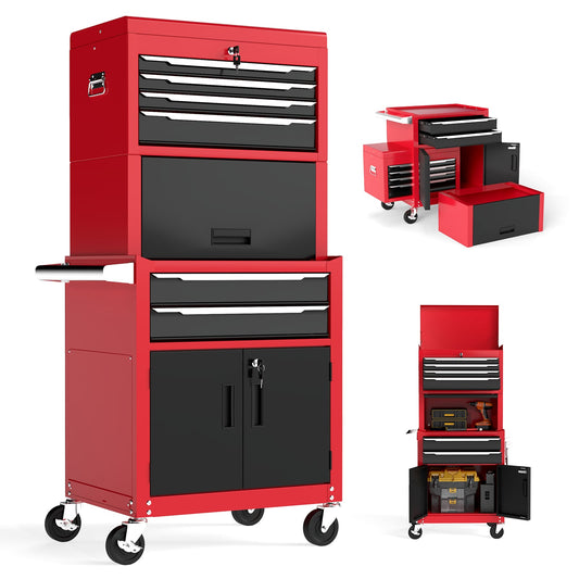 6-Drawer Rolling Tool Chest with Universal Wheels and Hooks-Red & Black-M
