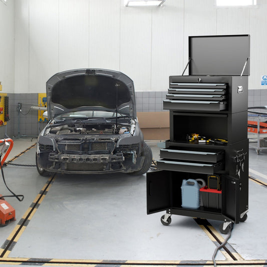 6-Drawer Rolling Tool Chest with Universal Wheels and Hooks-Black-M