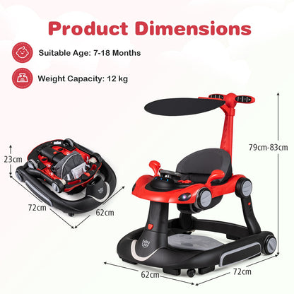 6-in-1 Baby Walker Toddler Push Car with Canopy and Wheels-Black and Red