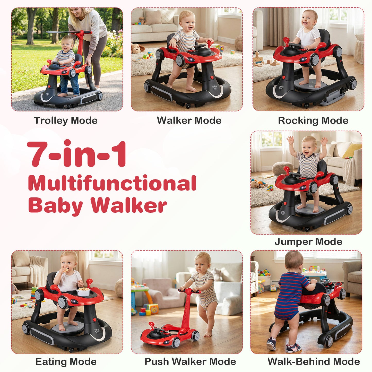 6-in-1 Baby Walker Toddler Push Car with Canopy and Wheels-Black and Red