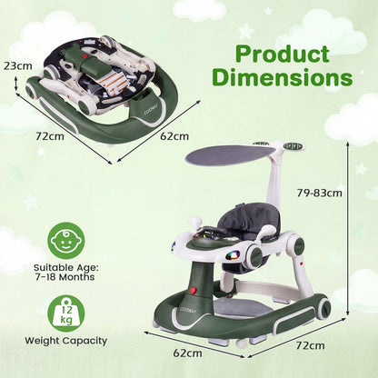 6-in-1 Baby Walker Toddler Push Car with Canopy and Wheels-Green