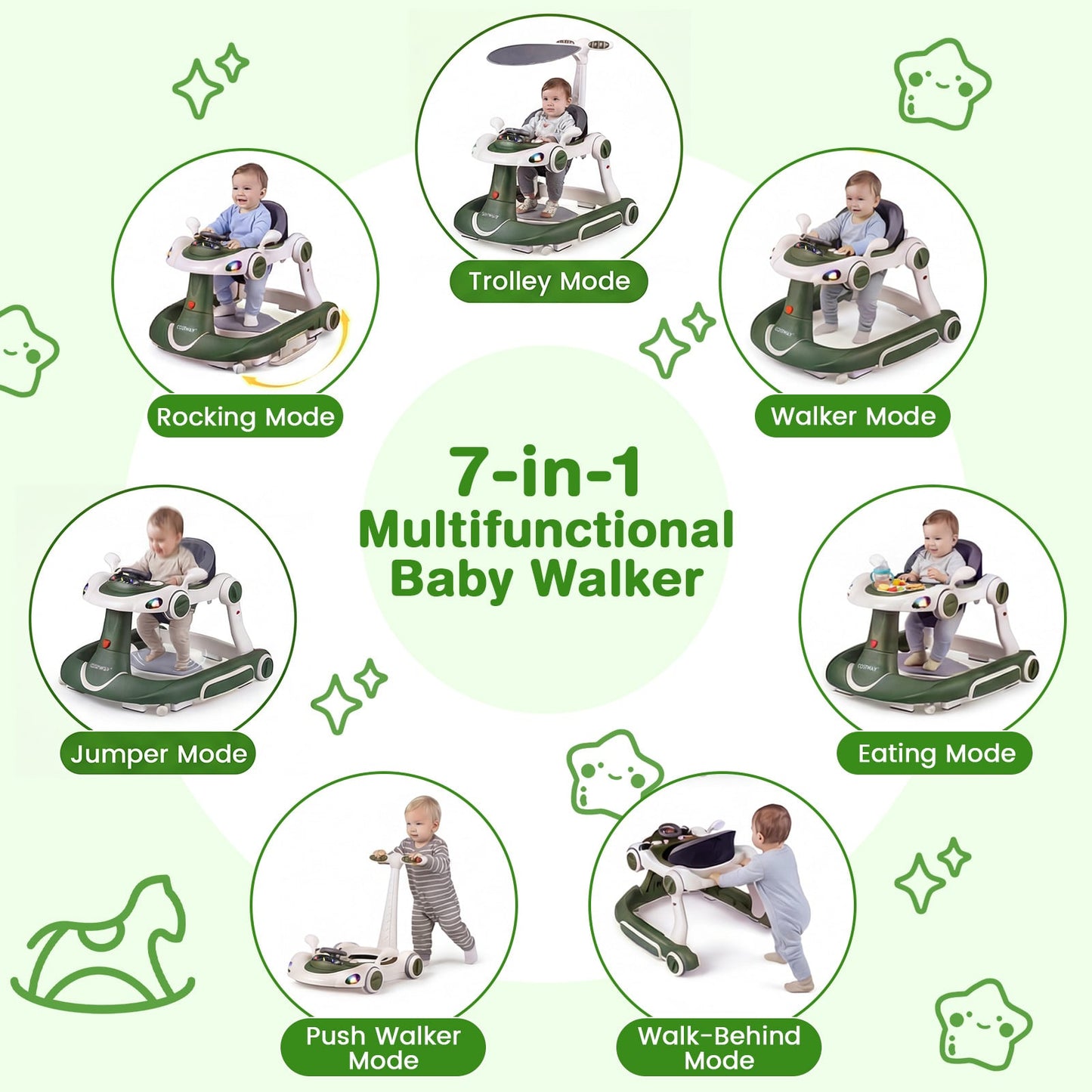 6-in-1 Baby Walker Toddler Push Car with Canopy and Wheels-Green
