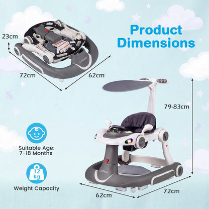 6-in-1 Baby Walker Toddler Push Car with Canopy and Wheels-Grey