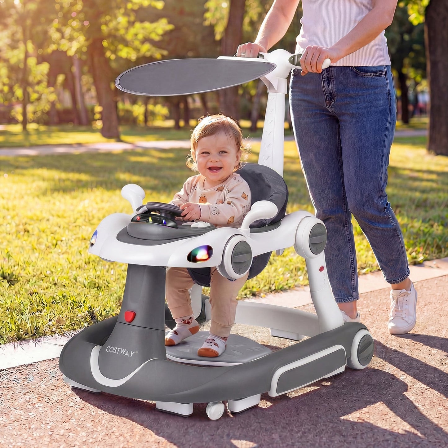 6-in-1 Baby Walker Toddler Push Car with Canopy and Wheels-Grey