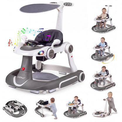 6-in-1 Baby Walker Toddler Push Car with Canopy and Wheels-Grey