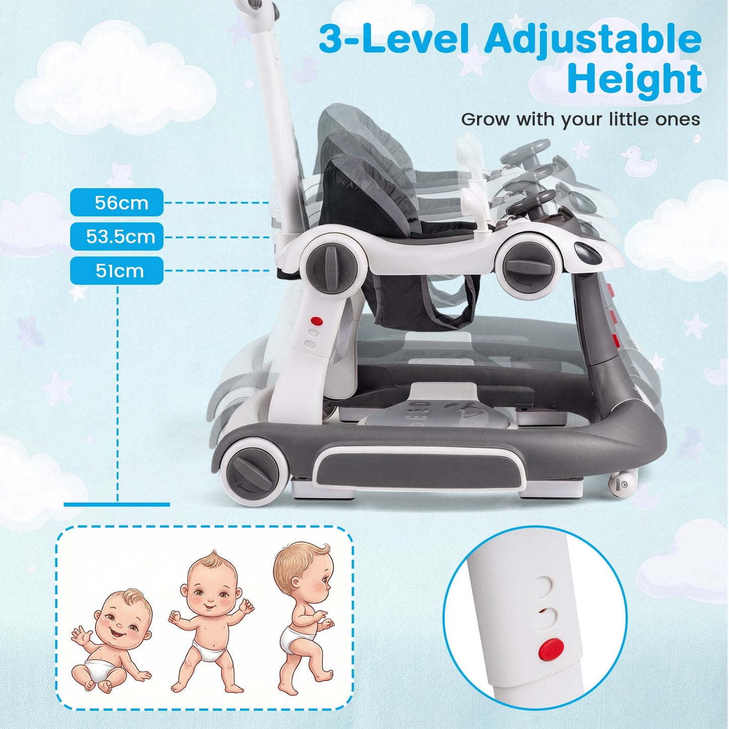 6-in-1 Baby Walker Toddler Push Car with Canopy and Wheels-Grey