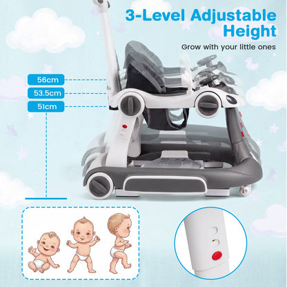 6-in-1 Baby Walker Toddler Push Car with Canopy and Wheels-Grey