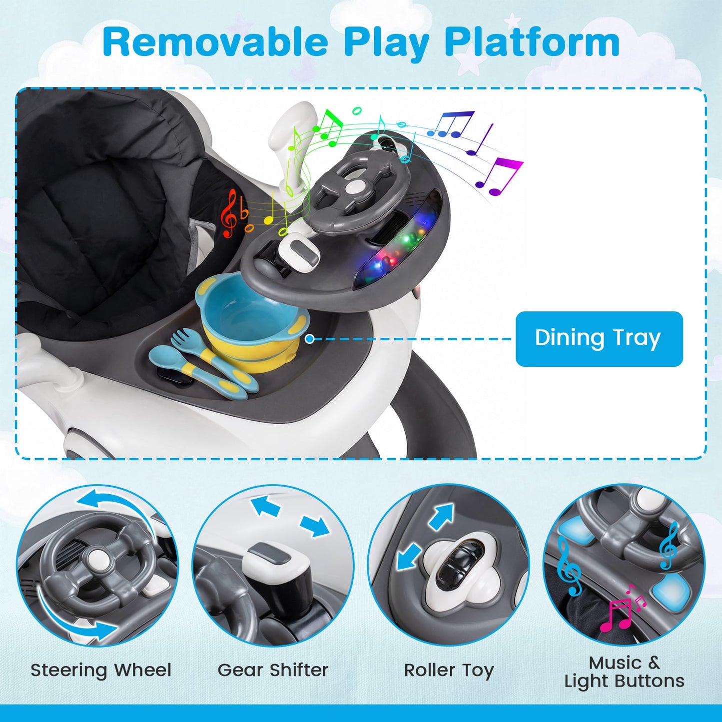 6-in-1 Baby Walker Toddler Push Car with Canopy and Wheels-Grey
