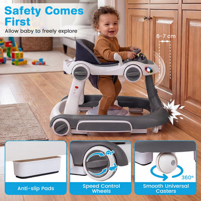 6-in-1 Baby Walker Toddler Push Car with Canopy and Wheels-Grey