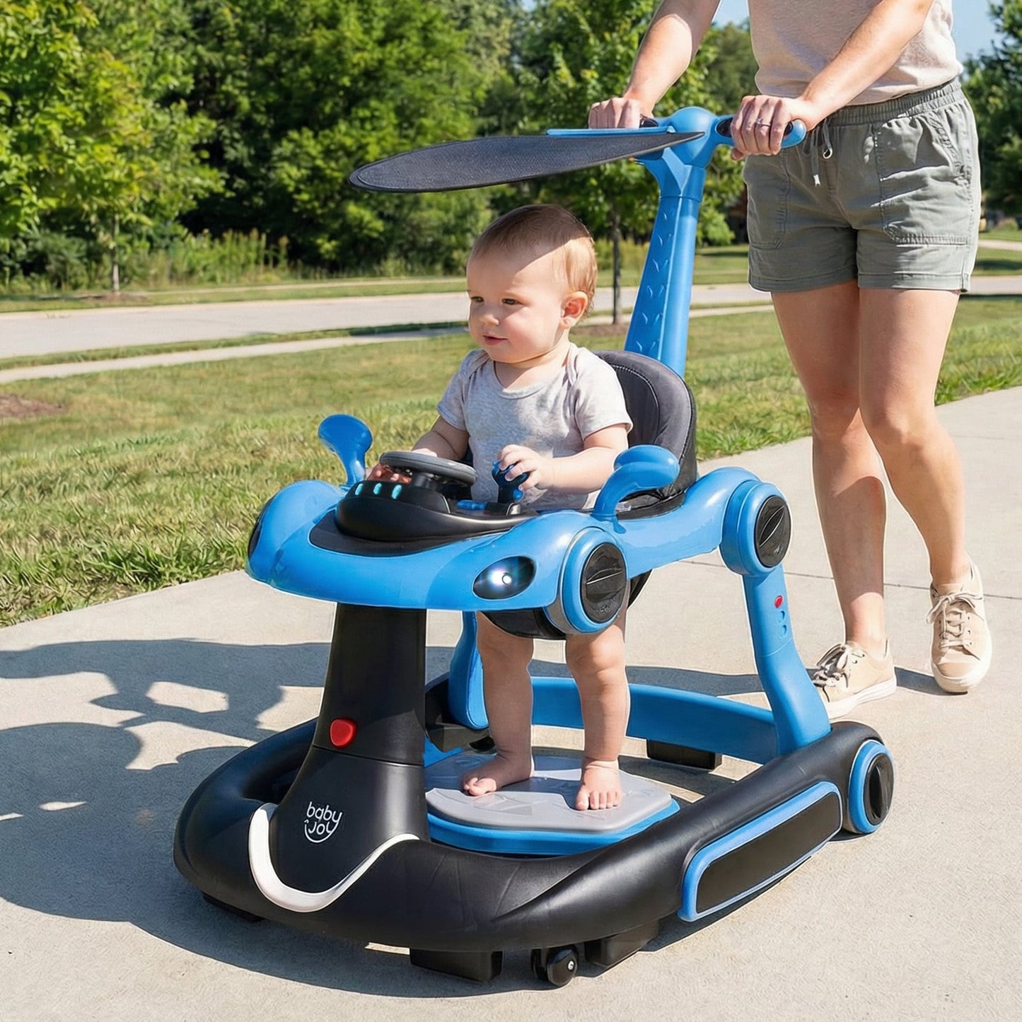 6-in-1 Baby Walker Toddler Push Car with Canopy and Wheels-Navy
