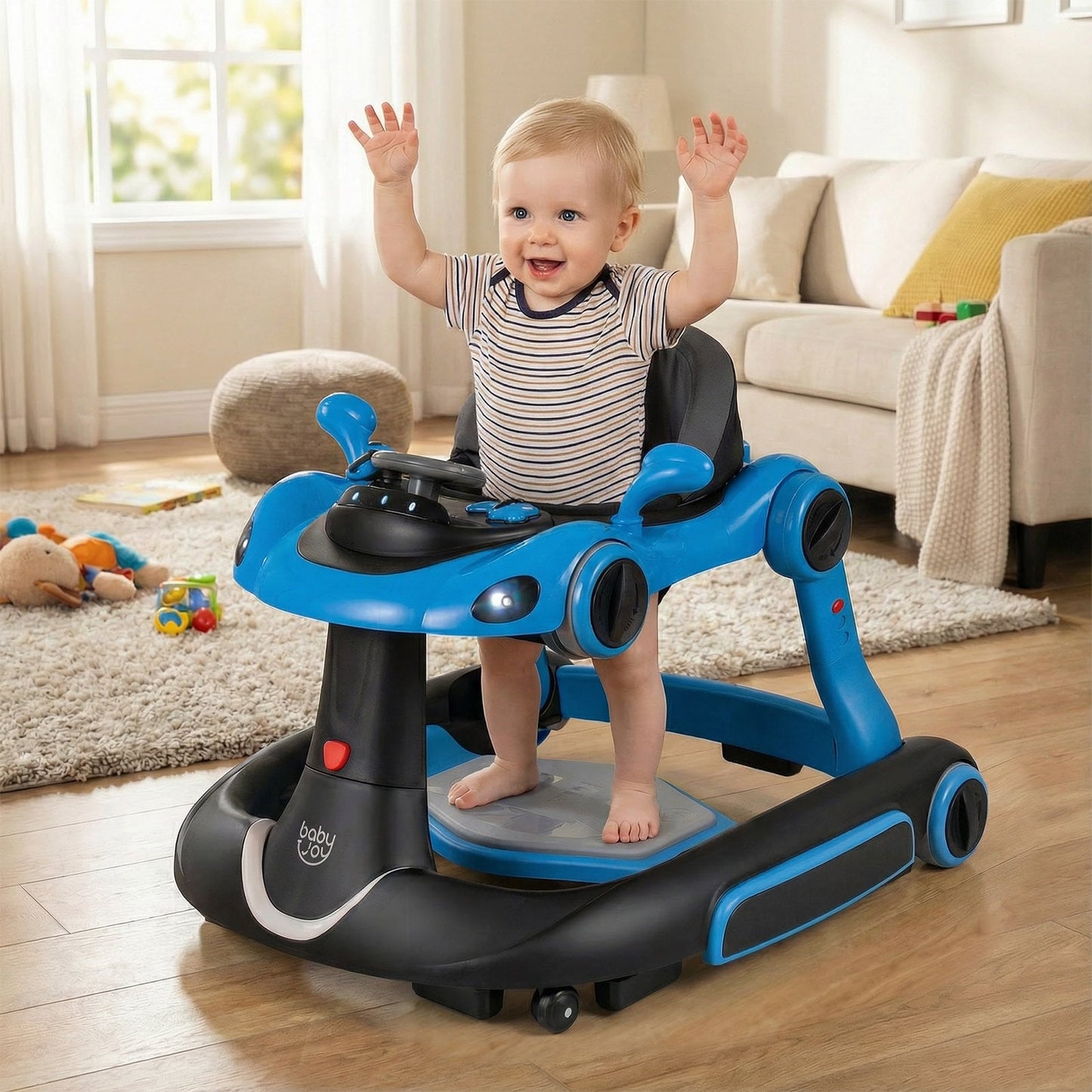 6-in-1 Baby Walker Toddler Push Car with Canopy and Wheels-Navy