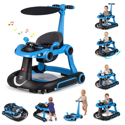 6-in-1 Baby Walker Toddler Push Car with Canopy and Wheels-Navy