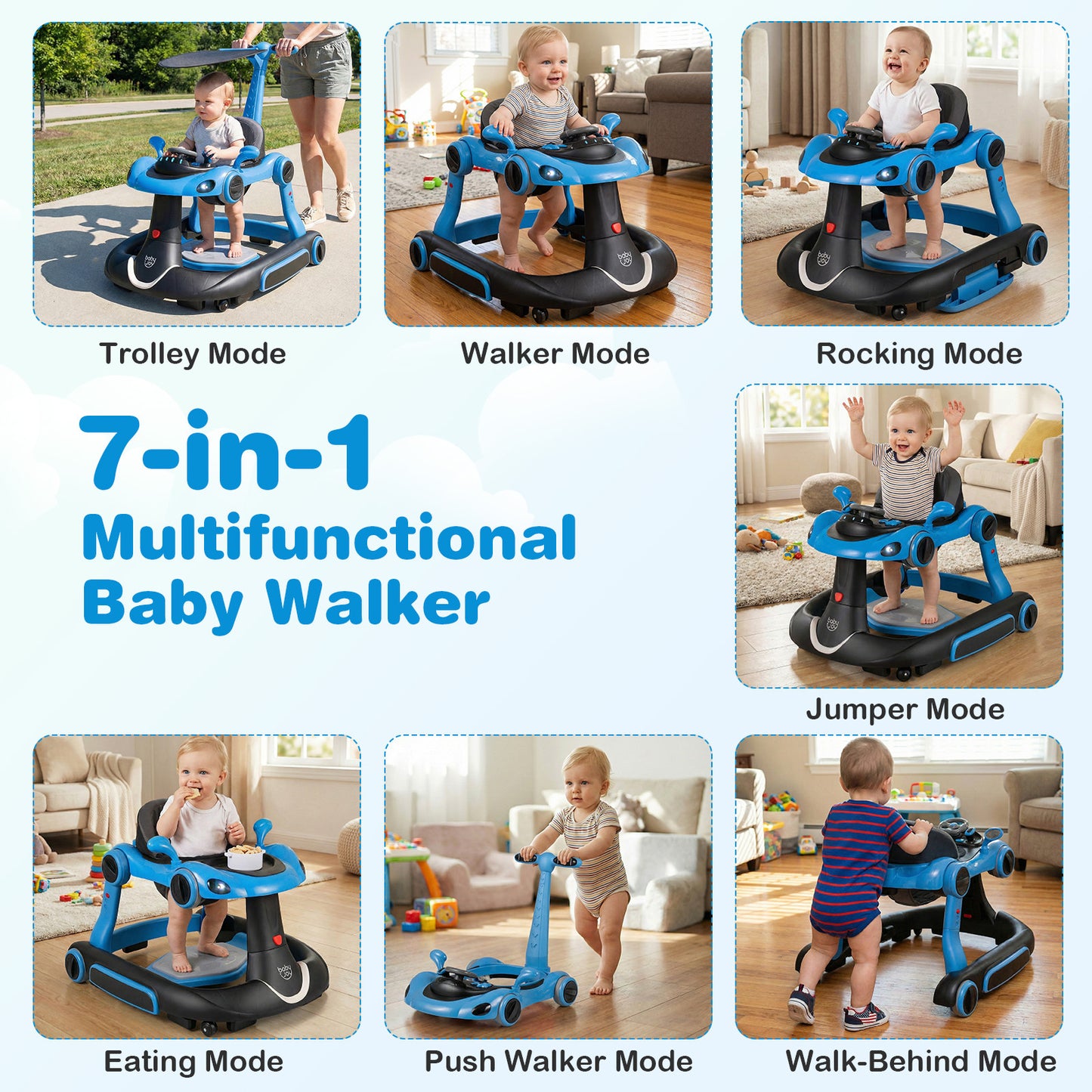 6-in-1 Baby Walker Toddler Push Car with Canopy and Wheels-Navy