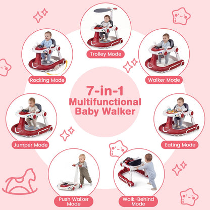 6-in-1 Baby Walker Toddler Push Car with Canopy and Wheels-Red
