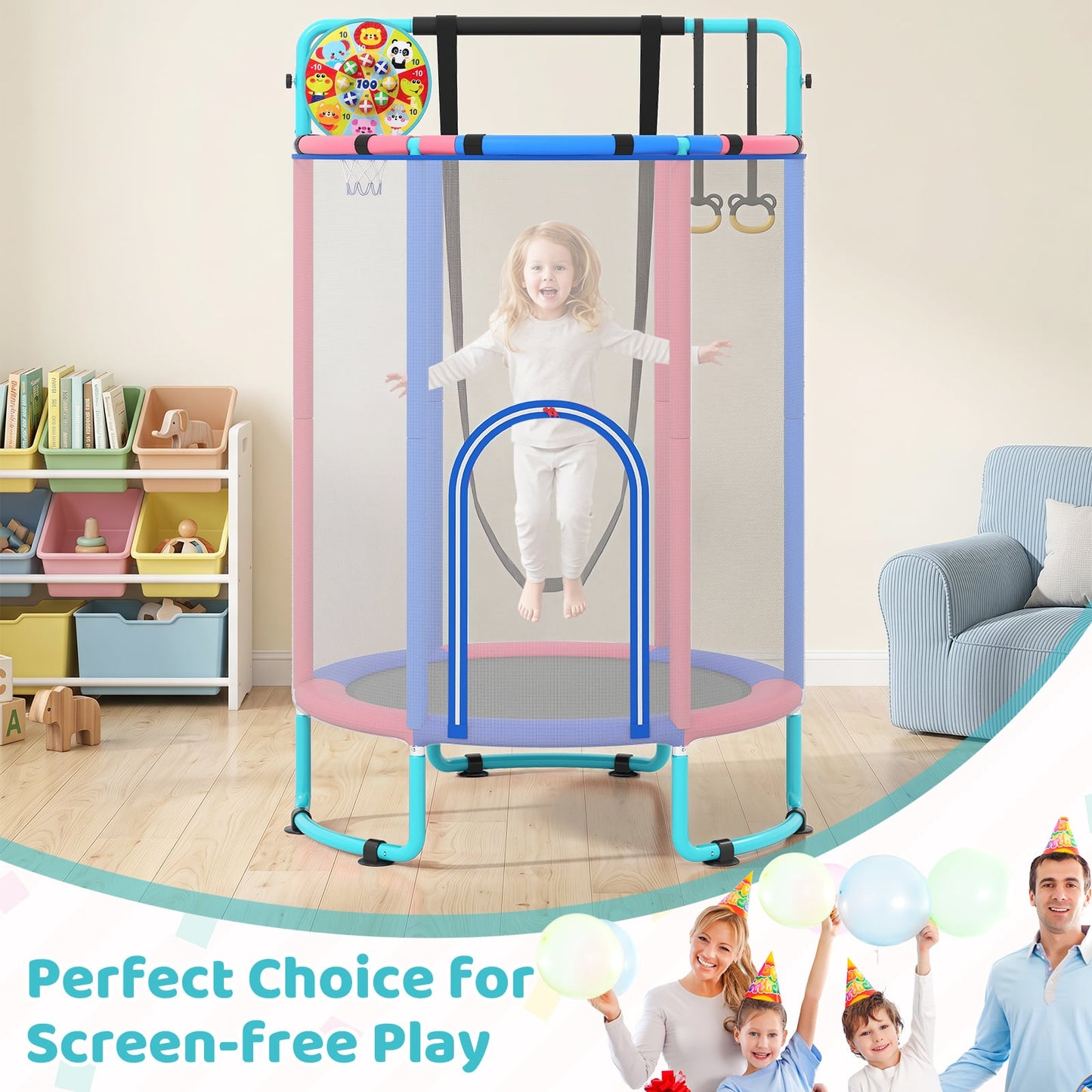 6-in-1 Kids Trampoline 140 cm Indoor Outdoor Trampoline with Swing-Navy