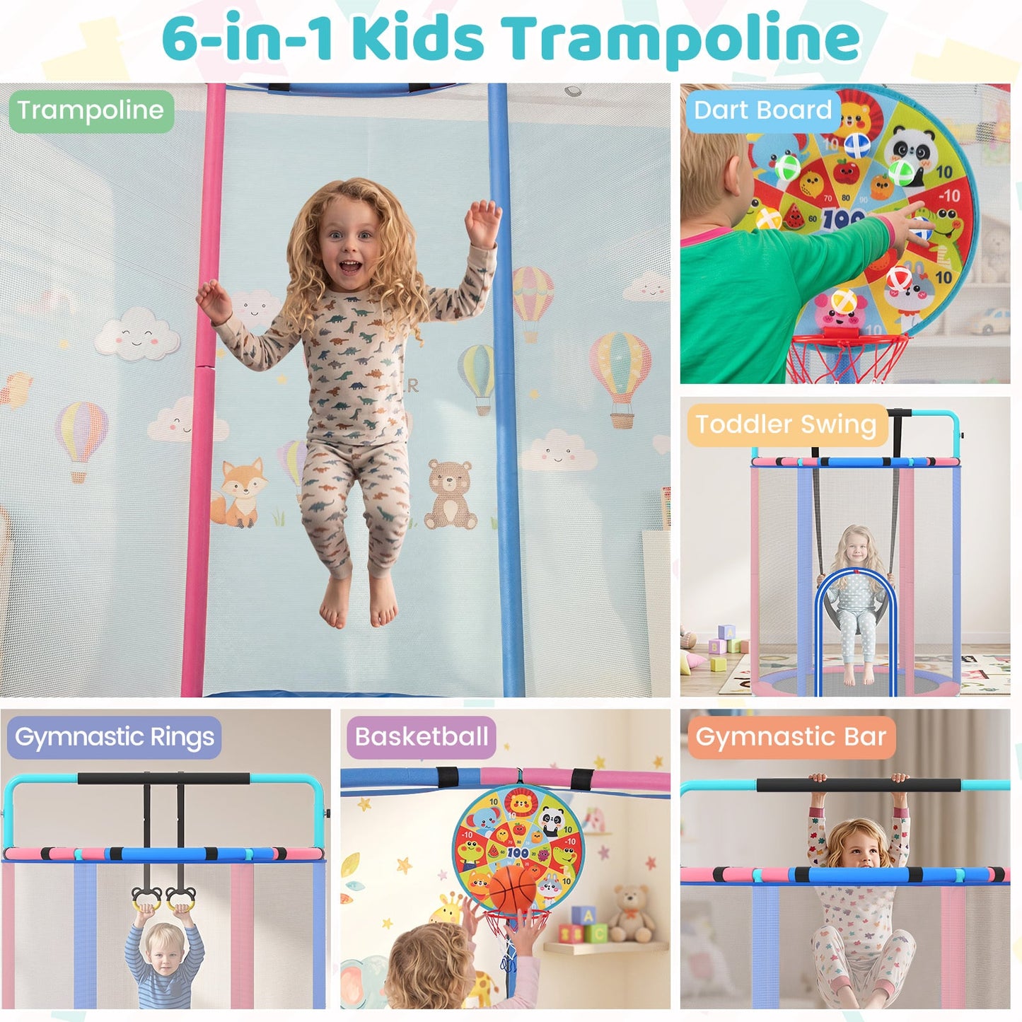 6-in-1 Kids Trampoline 140 cm Indoor Outdoor Trampoline with Swing-Navy