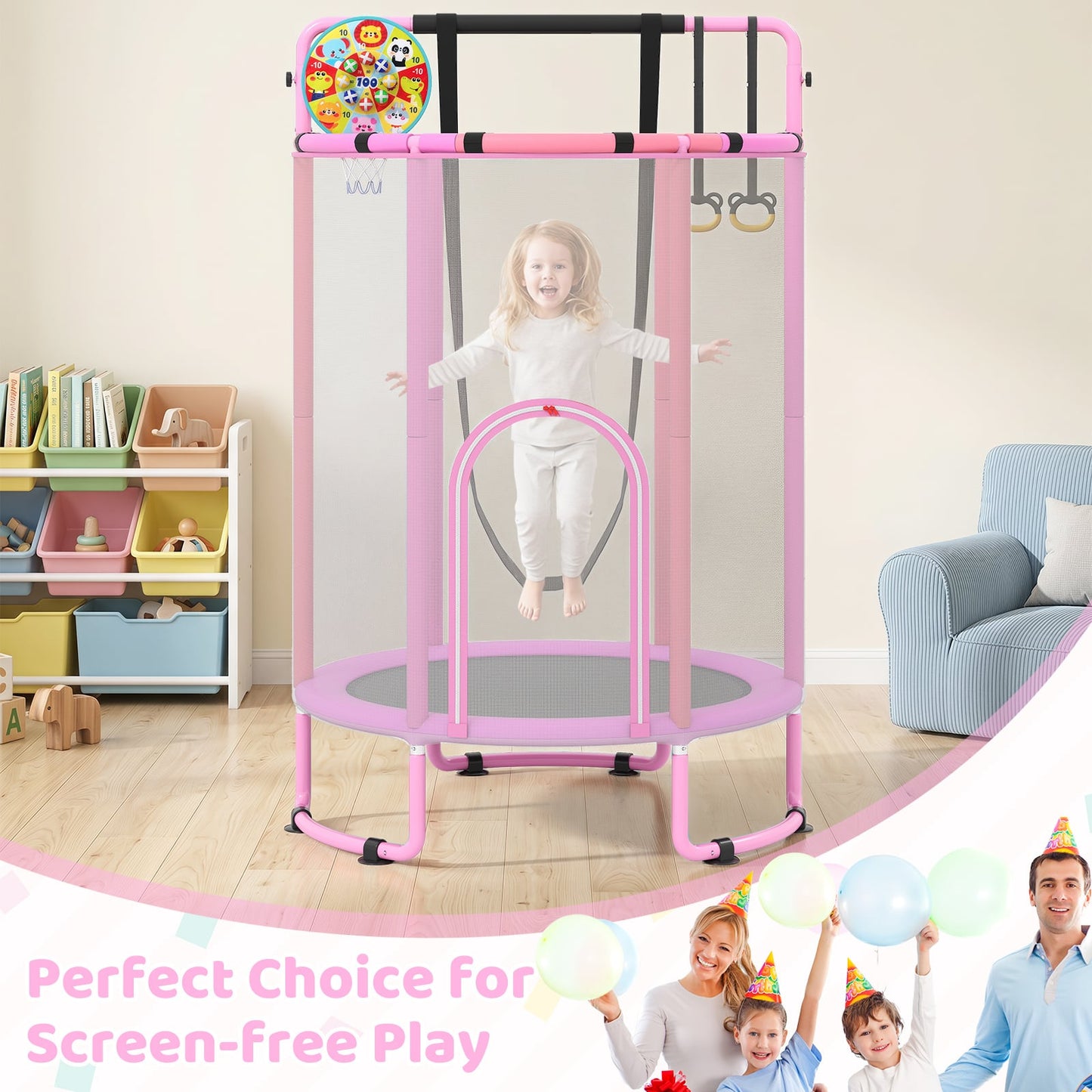 6-in-1 Kids Trampoline 140 cm Indoor Outdoor Trampoline with Swing-Purple