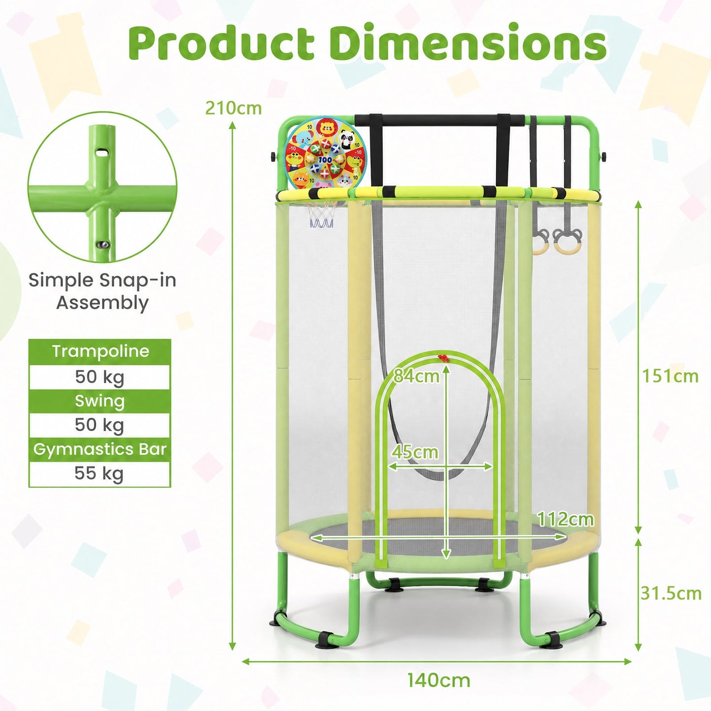 6-in-1 Kids Trampoline 140 cm Indoor Outdoor Trampoline with Swing-Yellow and Green