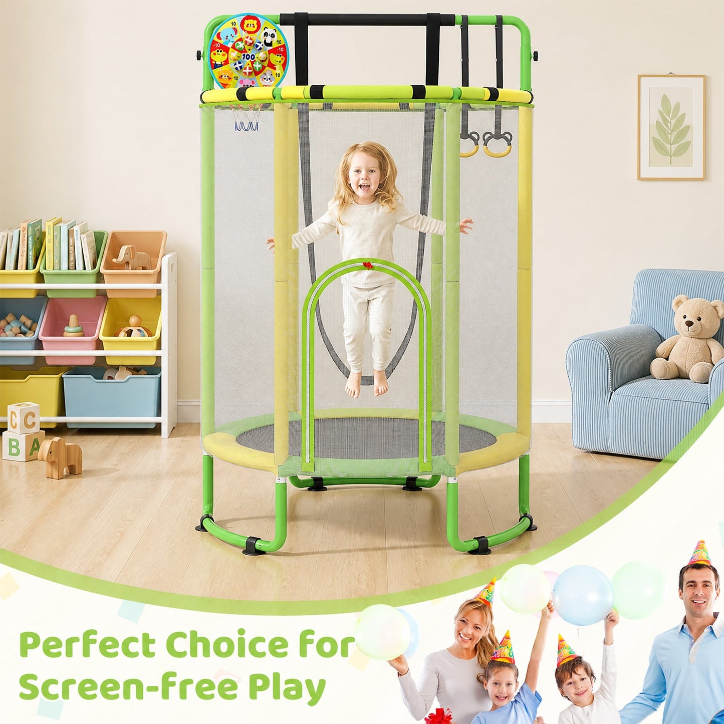 6-in-1 Kids Trampoline 140 cm Indoor Outdoor Trampoline with Swing-Yellow and Green