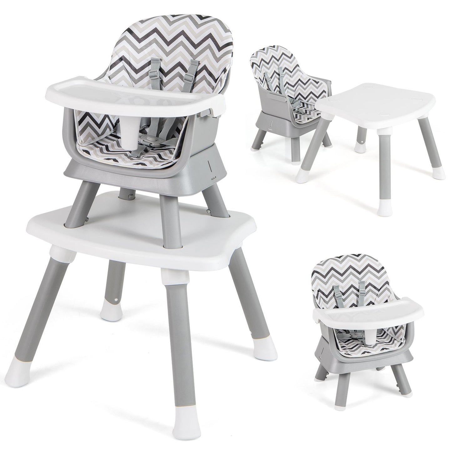6-in-1 Baby High Chair with 5-Point Harness and Removable Tray-Gray &amp;amp; White