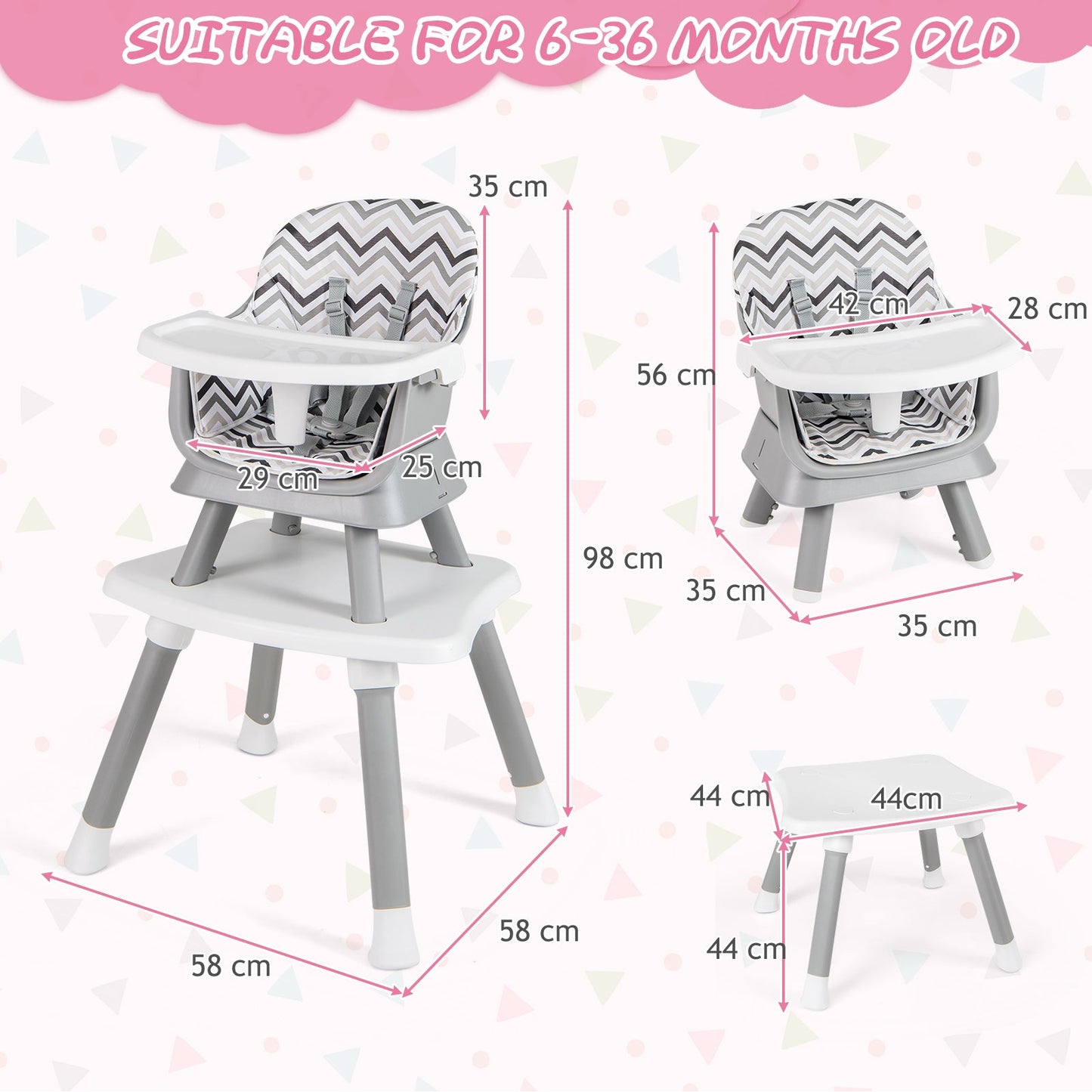 6-in-1 Baby High Chair with 5-Point Harness and Removable Tray-Gray &amp;amp; White