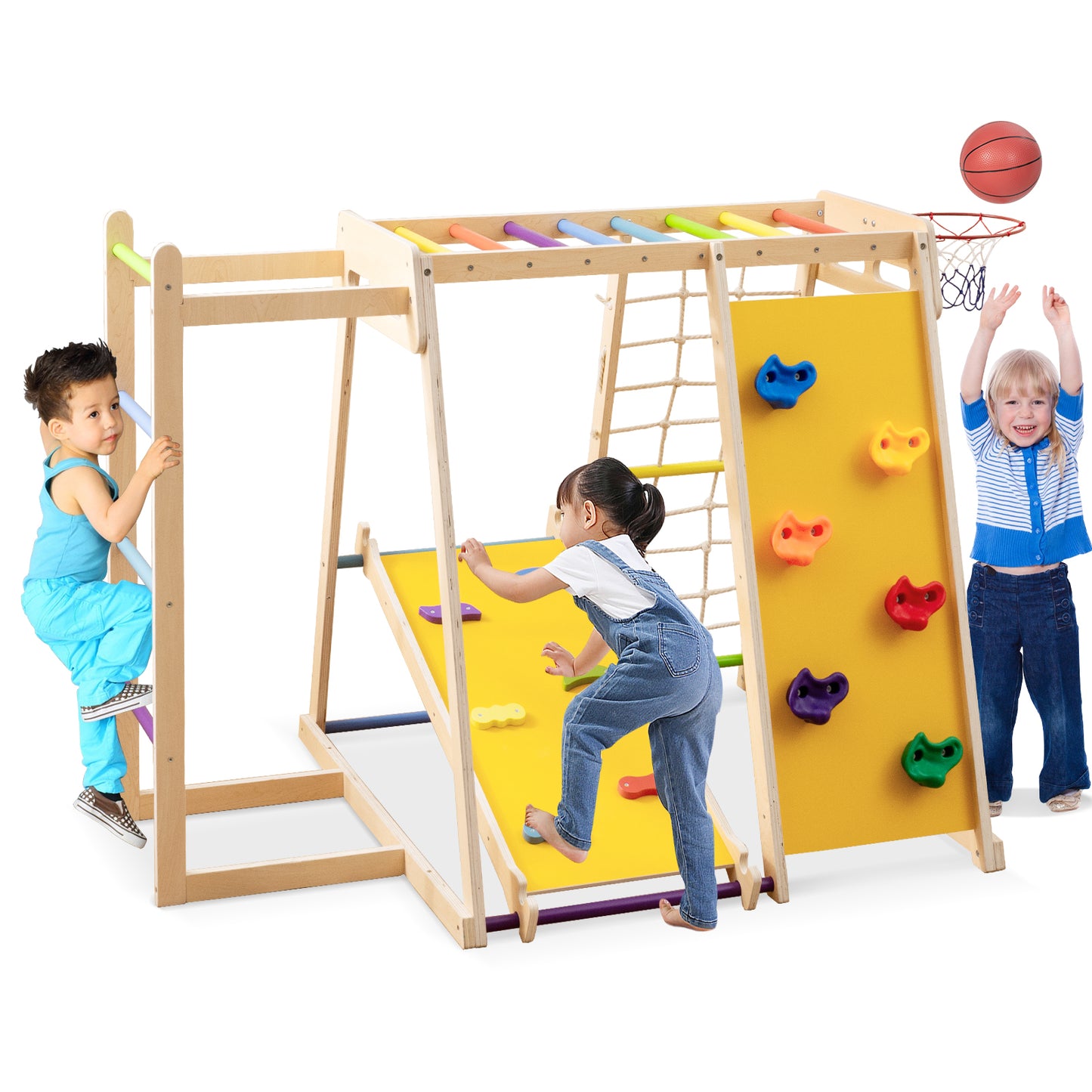 6-in-1 Jungle Gym with Slide and Rock Climbing for 3-14 Years Olds-Rainbow