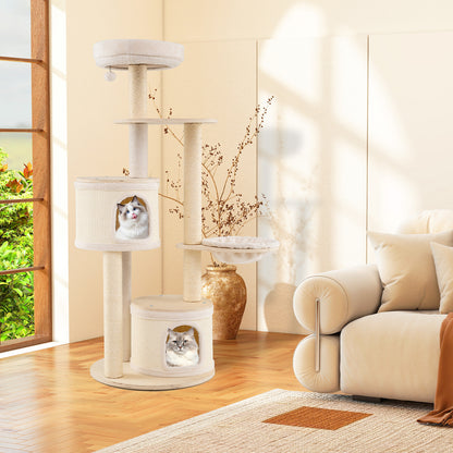 6-level Wooden cat tree with cat condo and sisal scratching posts  for indoor-Natural
