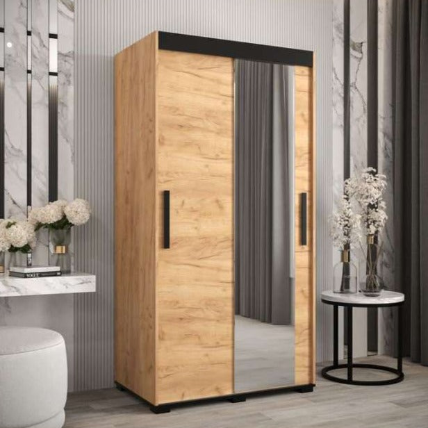 Marston ii Sliding Door Mirror Wardrobe Golden with Black Top - 100cm Width