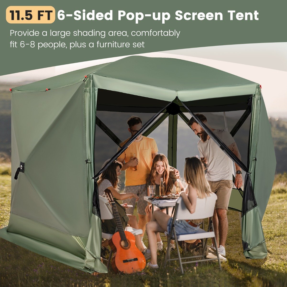 6-Sided Camping Gazebo Instant Setup Hub Tent with Portable Carrying Bag-Green