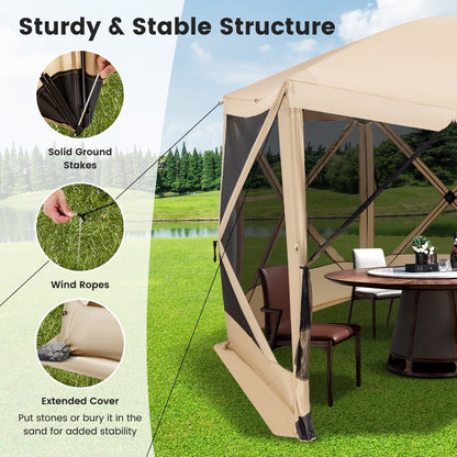 6-Sided Camping Gazebo Instant Setup Hub Tent with Portable Carrying Bag-Coffe