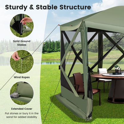 6-Sided Camping Gazebo Instant Setup Hub Tent with Portable Carrying Bag-Green