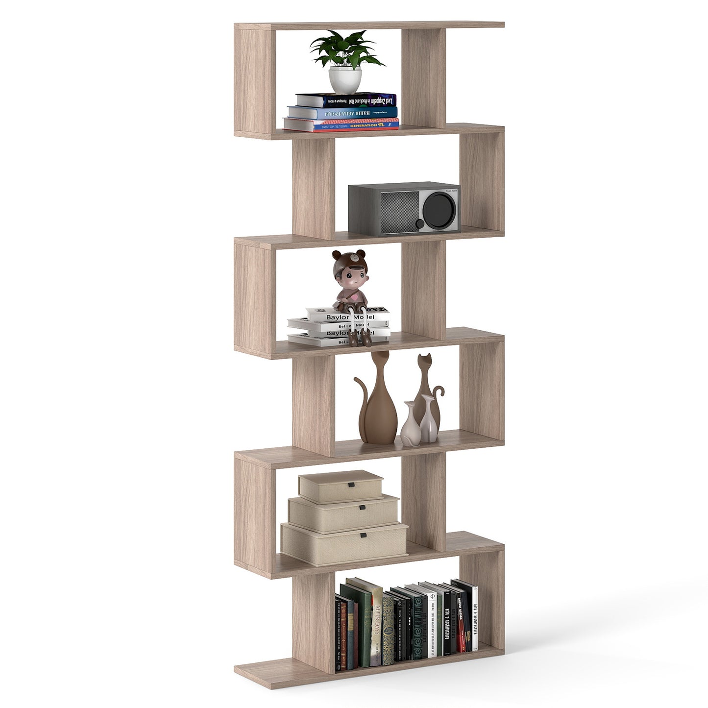 6-tier S-shaped Wooden Industrial Bookshelf-Grey