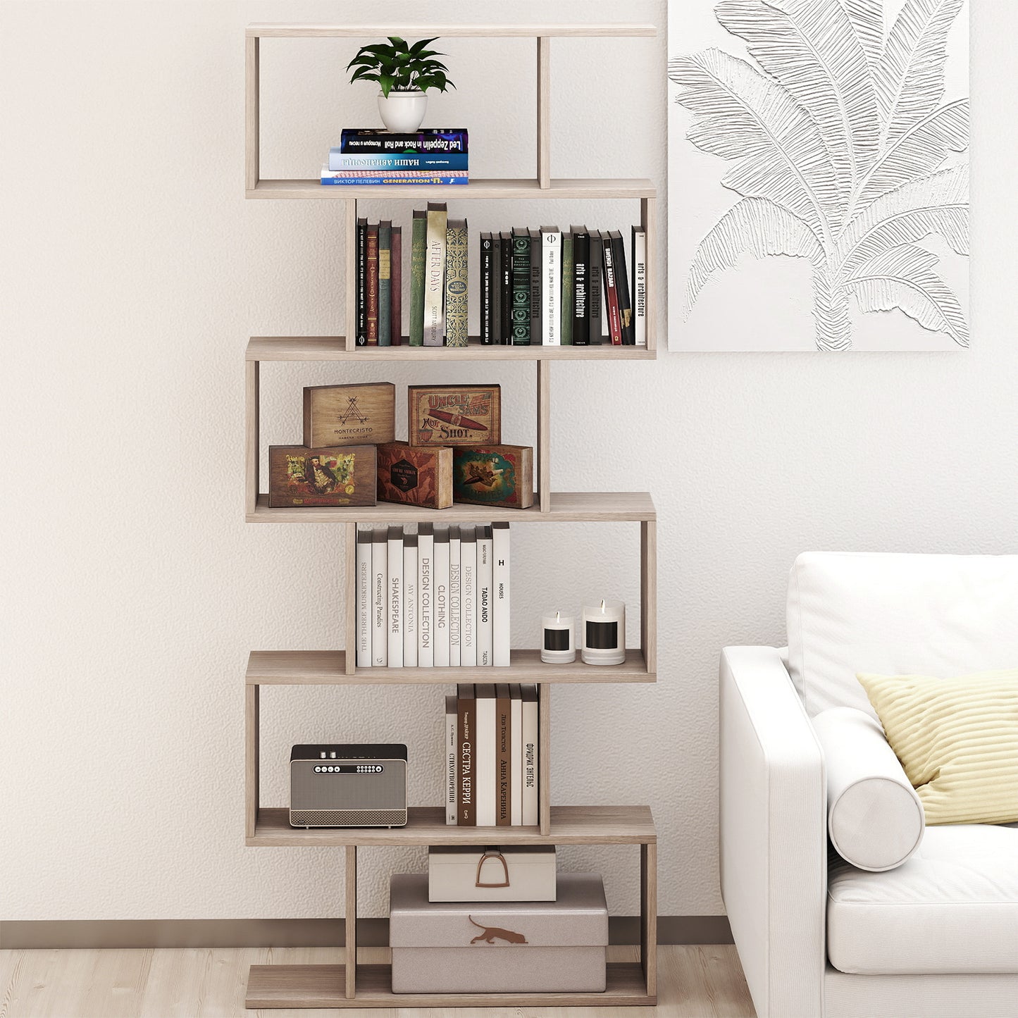 6-tier S-shaped Wooden Industrial Bookshelf-Grey