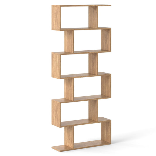 6-tier S-shaped Wooden Industrial Bookshelf in Natural