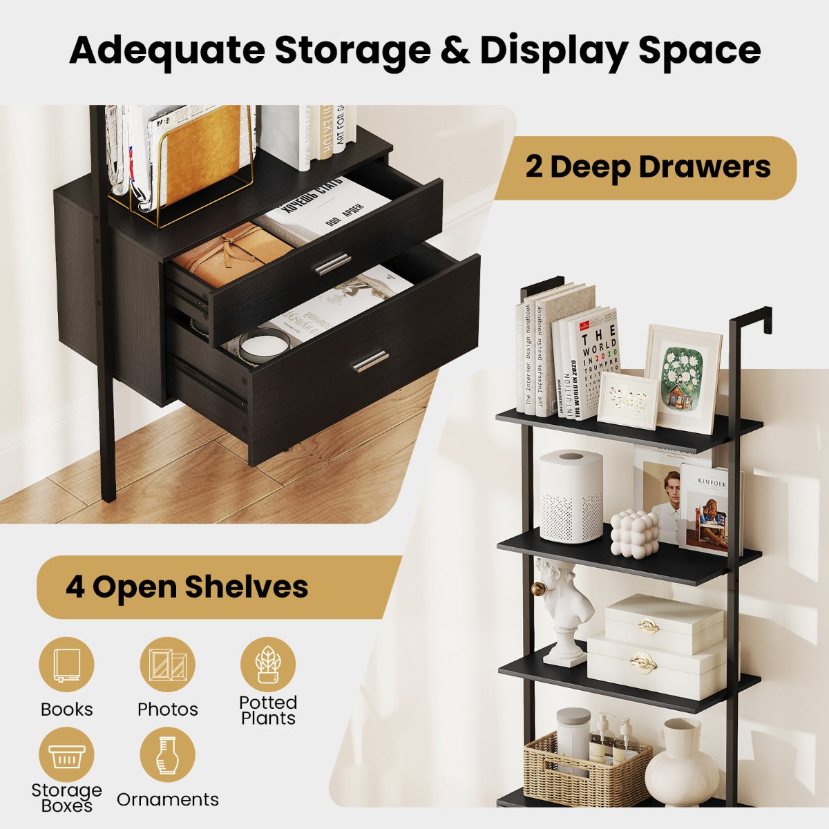 6-Tier Ladder Bookcase with 2 Drawers and Metal Frame-Black