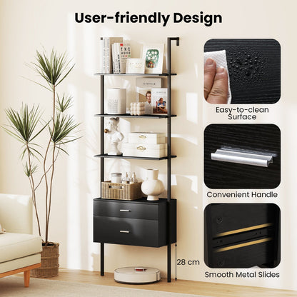 6-Tier Ladder Bookcase with 2 Drawers and Metal Frame-Black