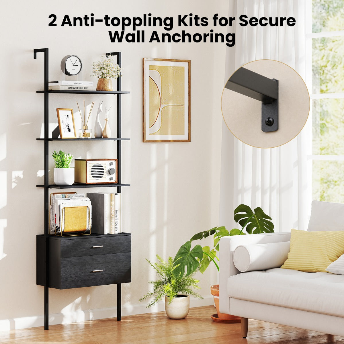 6-Tier Ladder Bookcase with 2 Drawers and Metal Frame-Black