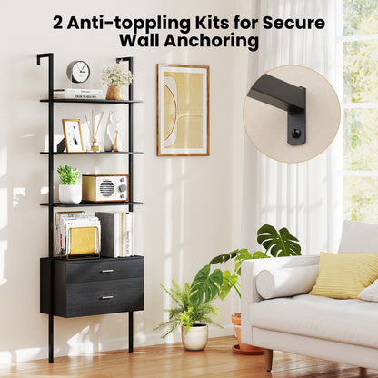 6-Tier Ladder Bookcase with 2 Drawers and Metal Frame-Black