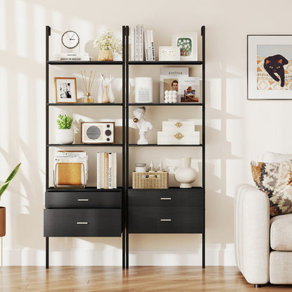 6-Tier Ladder Bookcase with 2 Drawers and Metal Frame-Black