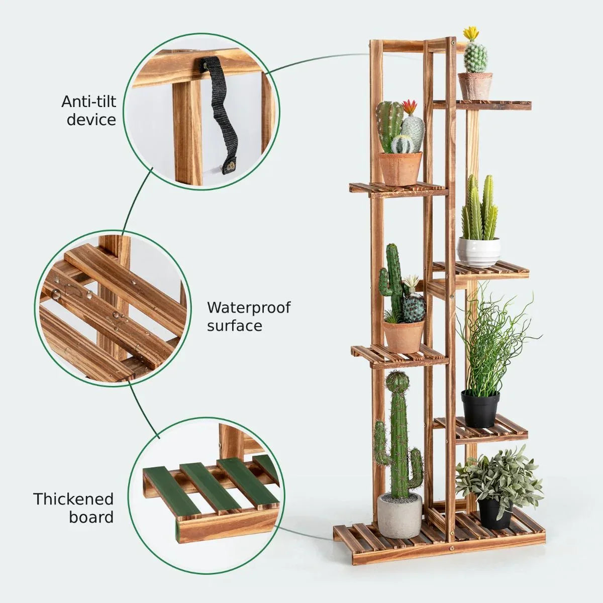 6-tier Wood Plant Stand with Anti-tilting Device and Multifunctional Display Shelf