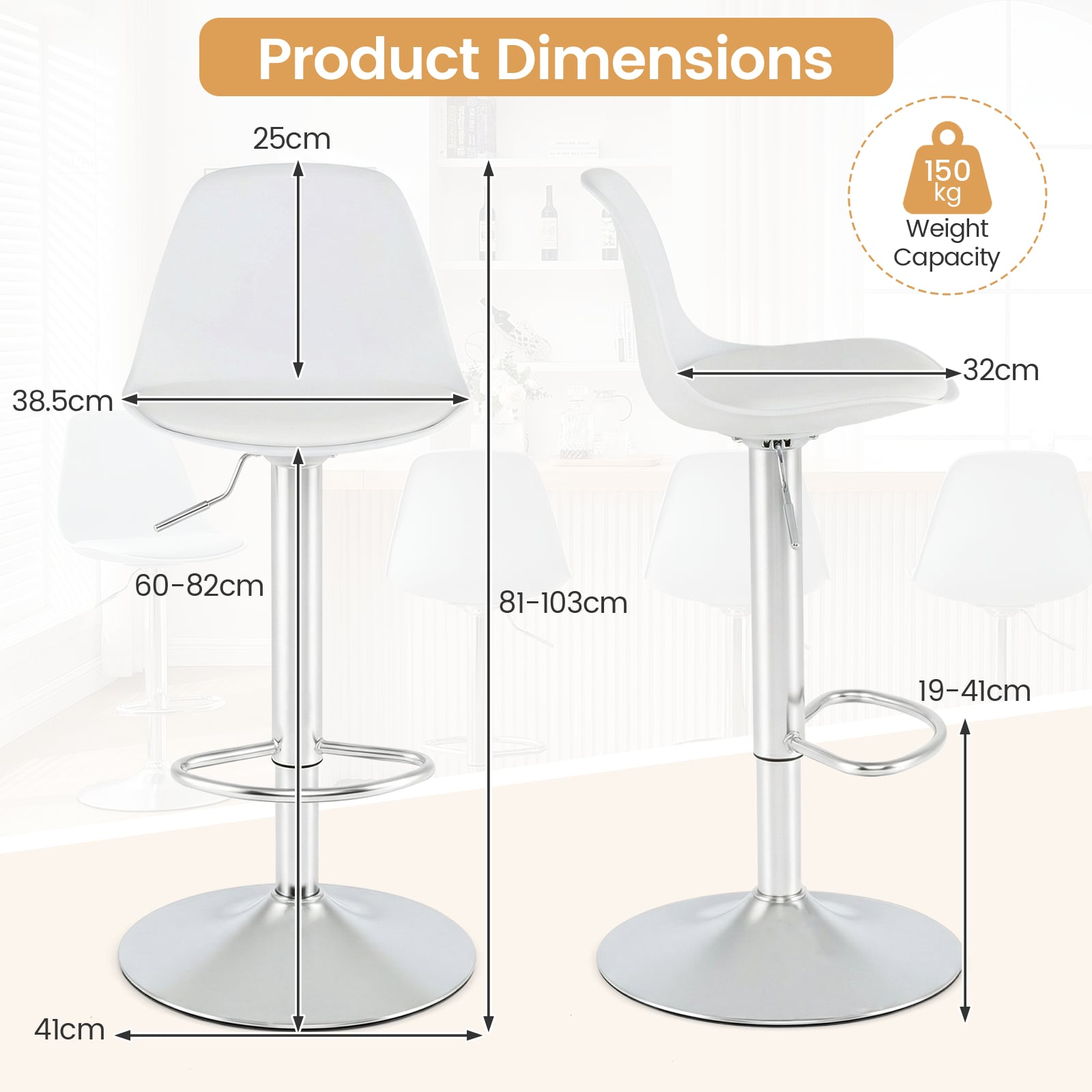 60-82 cm Seat Height Bar Stools Set of 2 with Backrests-White
