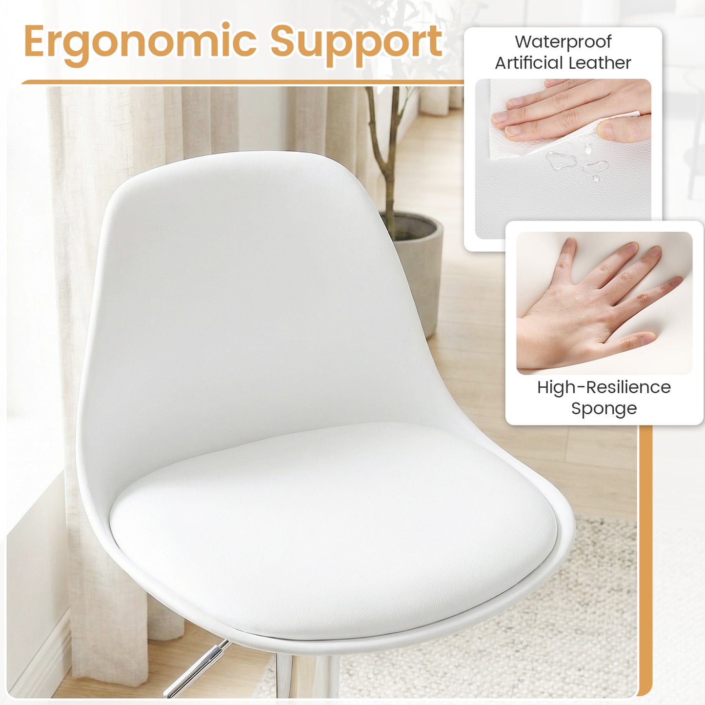 60-82 cm Seat Height Bar Stools Set of 2 with Backrests-White
